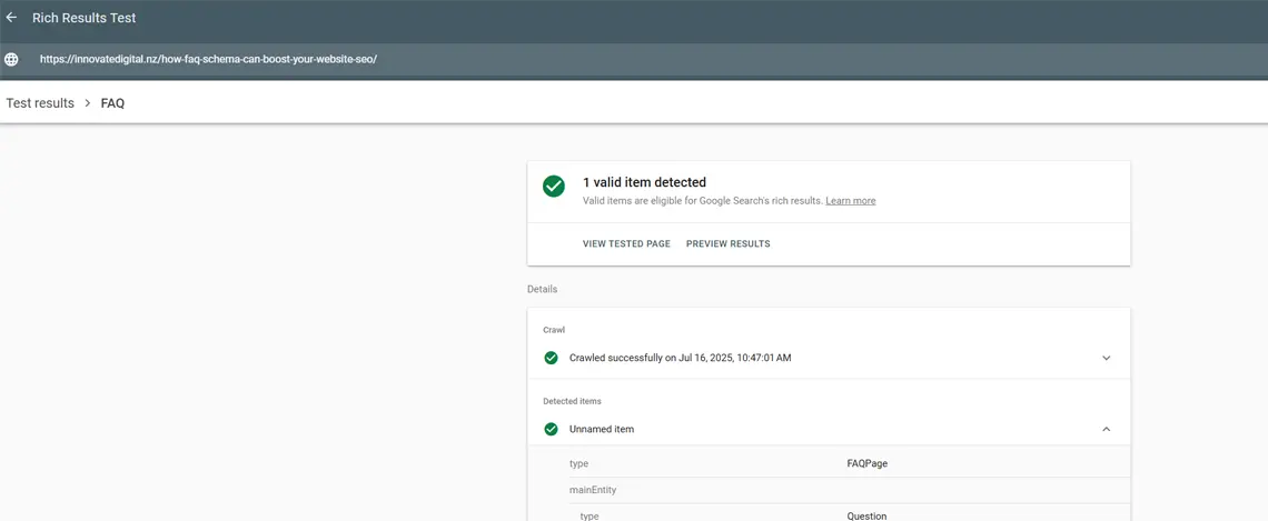 Example of the results using Google Rich Results Tool