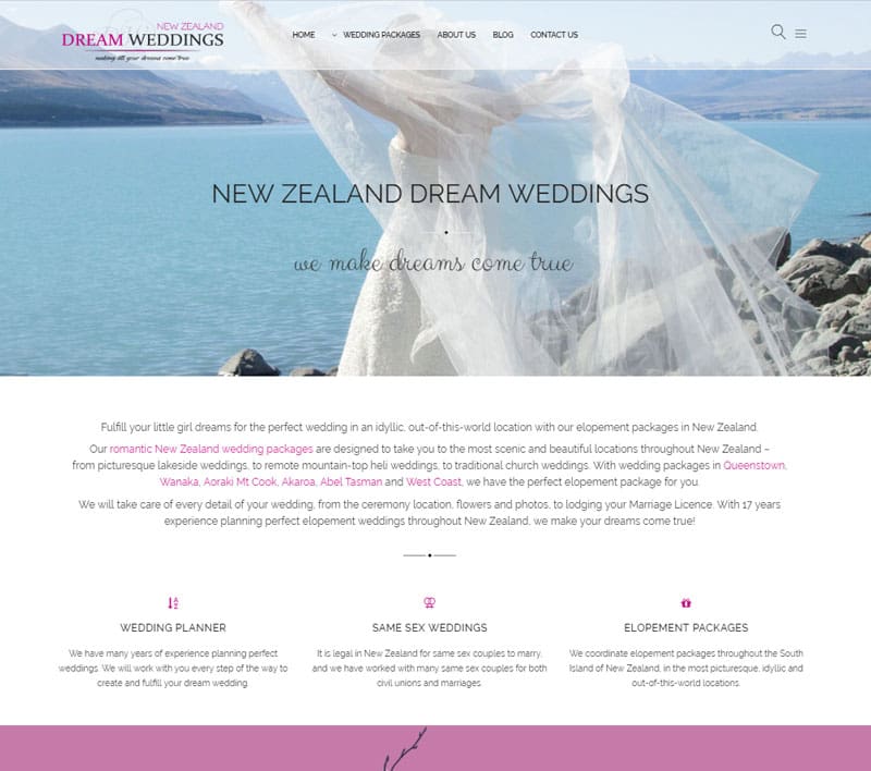 Website for NZ Dream Weddings by Kiwi Web Works
