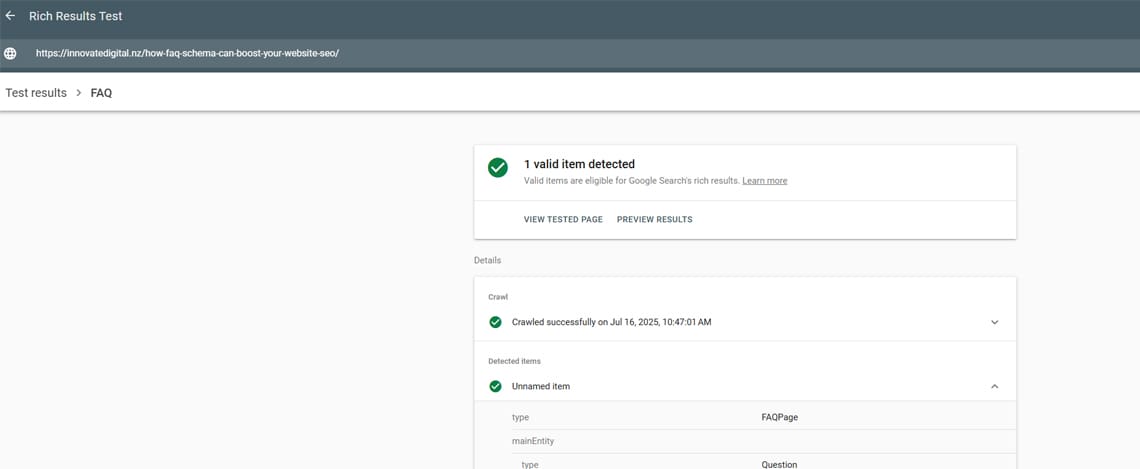 Example of the results using Google Rich Results Tool