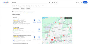 A Google search for "electrician" showing Google's Map Pack results first